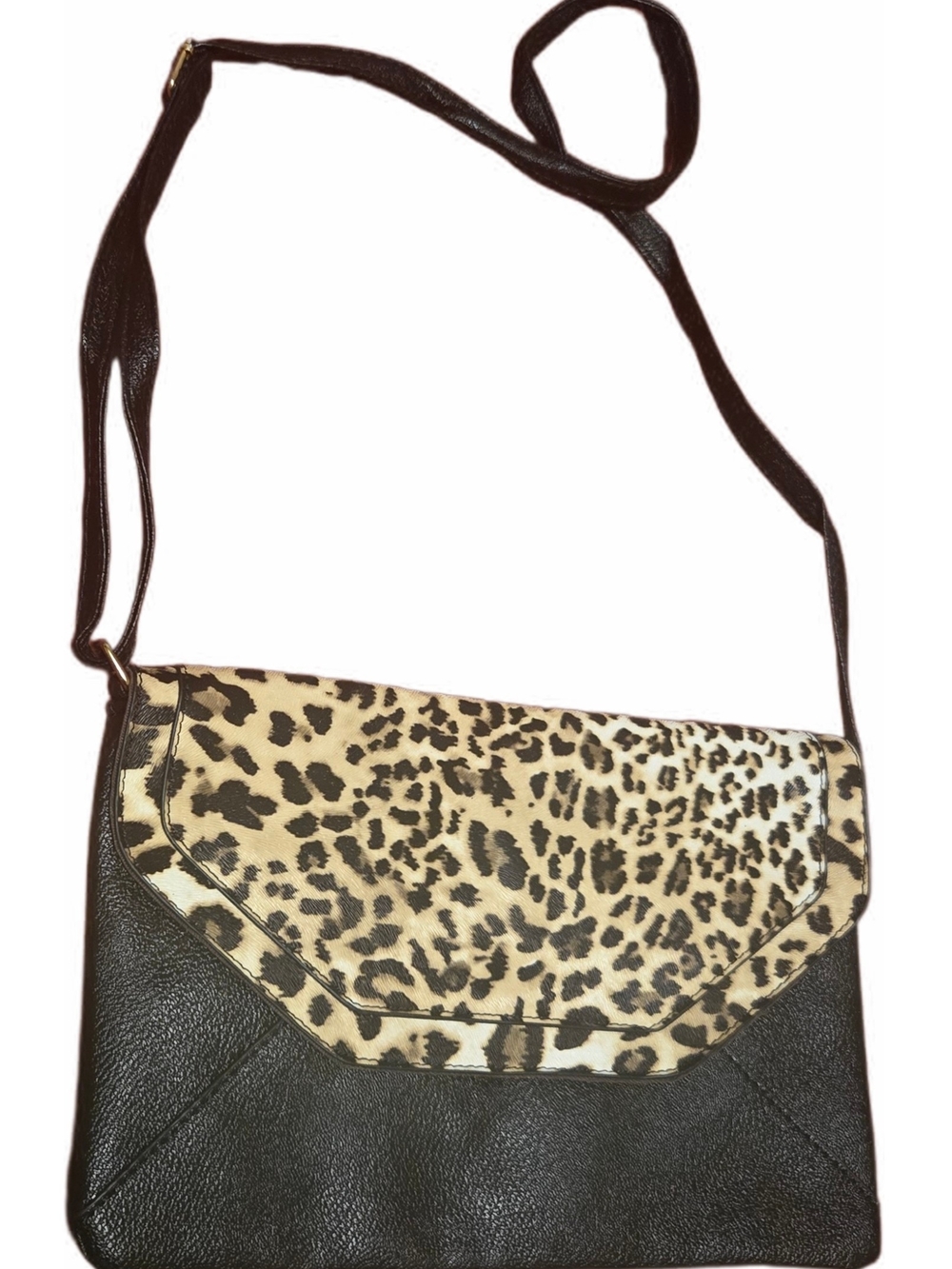 Leopard-Print Flap Crossbody Bag in Black and Tan